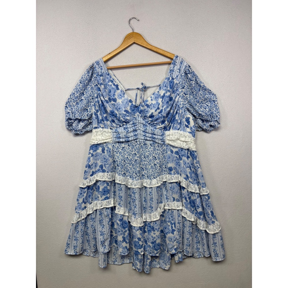 Cottagecore Arula Womens 2X Blue Floral Lace Tiered Ruffle Puff Sleeve Dress